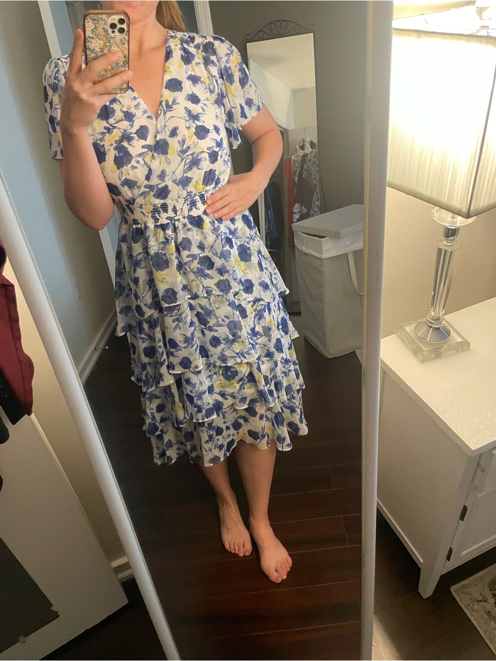 Vince Camuto White Dress with Blue Floral Accents